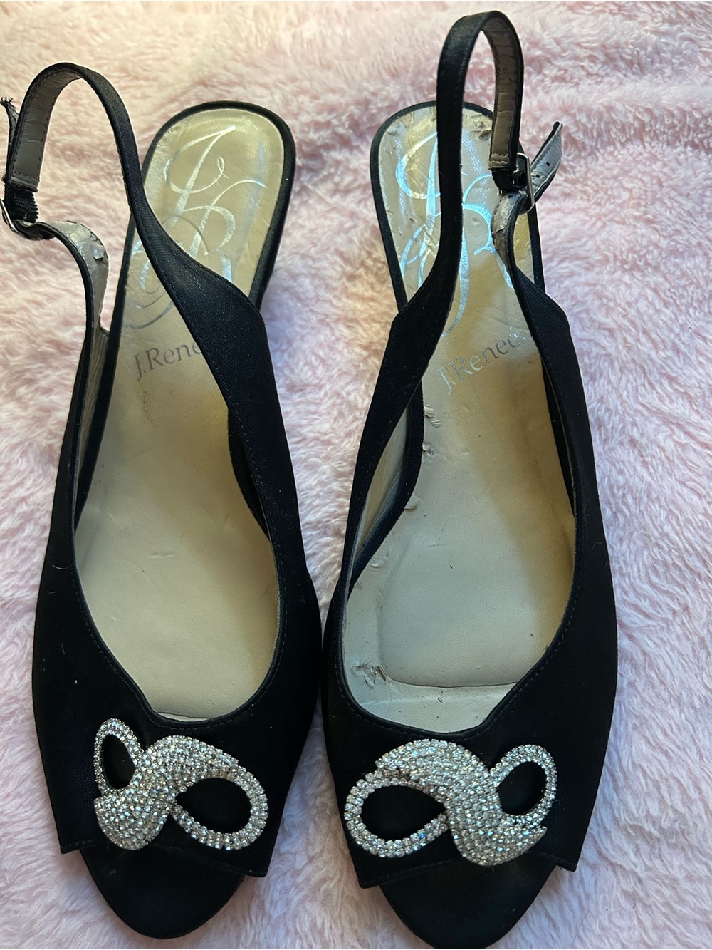 J.Renee Black Slingback Peep-Toe Heels with Crystal Loop Accent